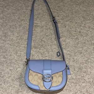 Coach Georgie Saddle Bag Signature Canvas. C2806 Silver/Khaki/Marble Blue